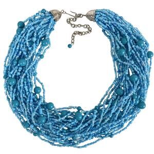 Vintage Multi Strand Blue Statement Glass Station Seed Bead Bib Collar Necklace